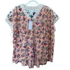 For The Republic High low Crochet Trim Orange Top Shirt Floral Boho Relax Large